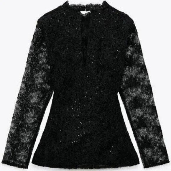 ZARA Mesh Embroidered Sequin Lace Top Black Size Medium - Picture 3 of 10